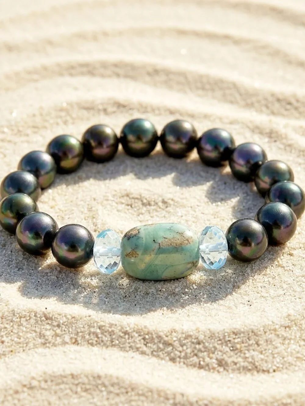 Pearl Bracelet w/Dragon Skin Agate & Aquamarine, Everyday Quiet Luxury Gift